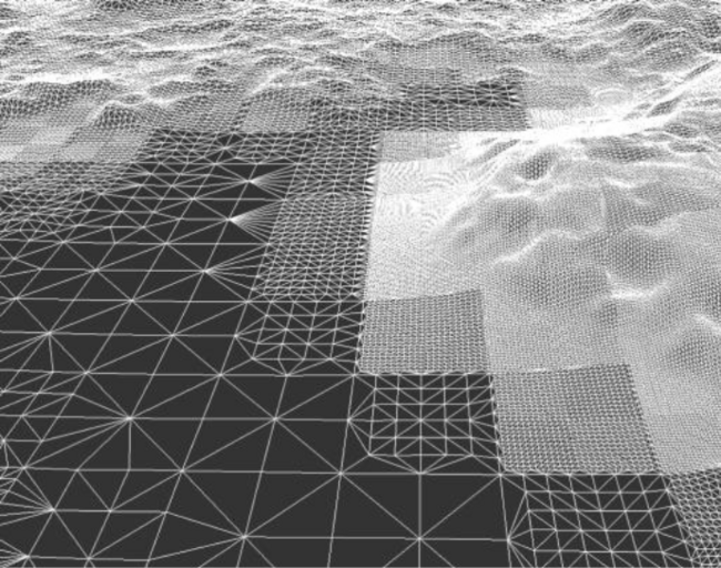 A wireframe view of a tessellated heightmap.