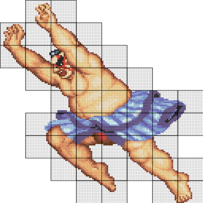 Part of the sprite sheet for the "E. Honda" character from Street Fighter II
