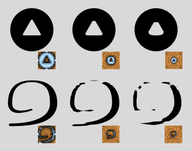 Two sequences of shapes, each one going from high-quality on the left to low-quality on the right. The first sequence is a circle with a small triangle cut out from its center, and its quality does not decrease too much (the tips of the triangle get blunted). The second sequence is a thin spiral shape. It quickly becomes spotty and bad-looking. Below each shape is the texture atlas entry, showing how there is more wasted space as each sequence goes from left to right.